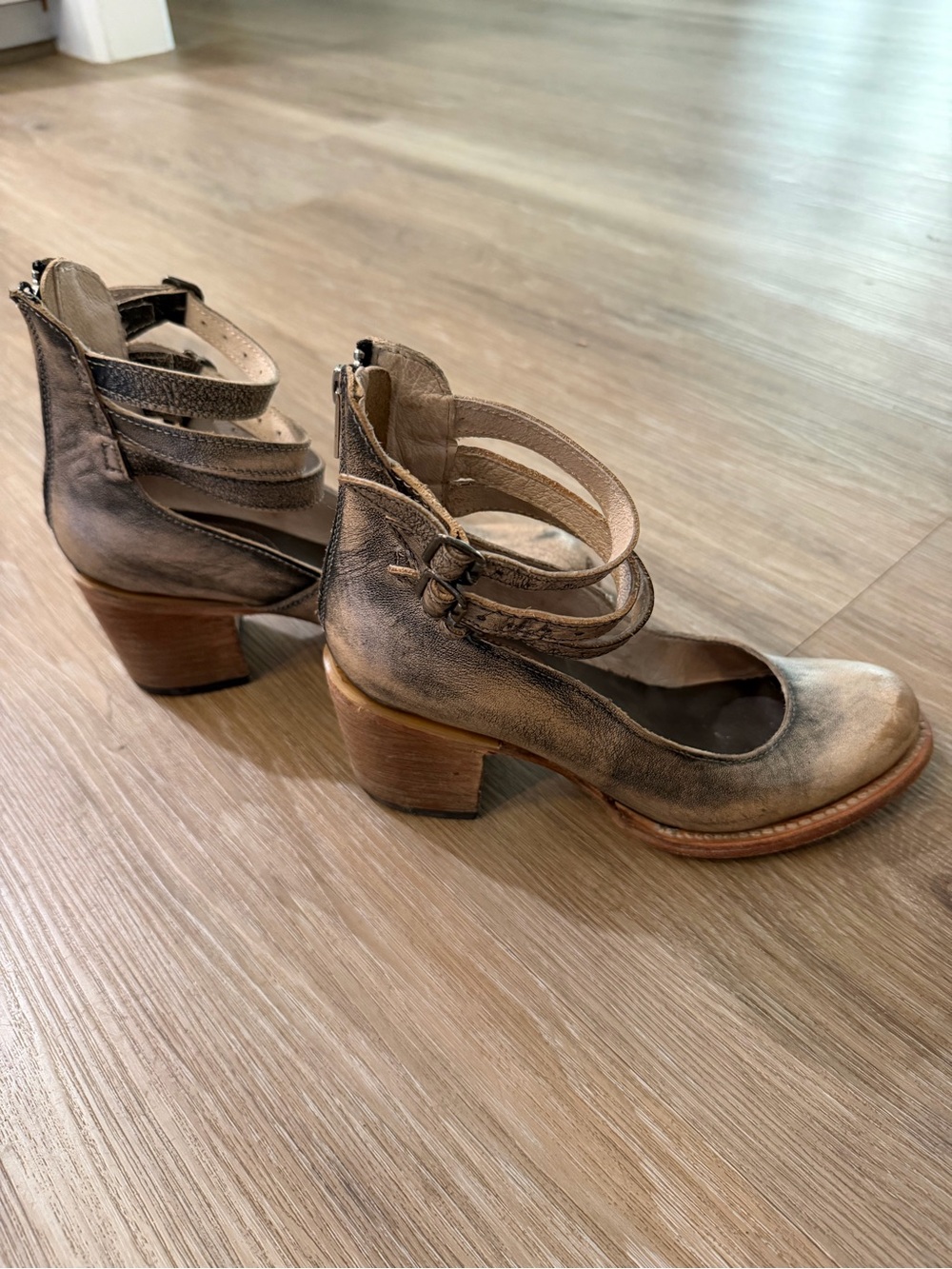 freebird Metallic Bronze Double-Strap Ankle Heels - Picture 3 of 7
